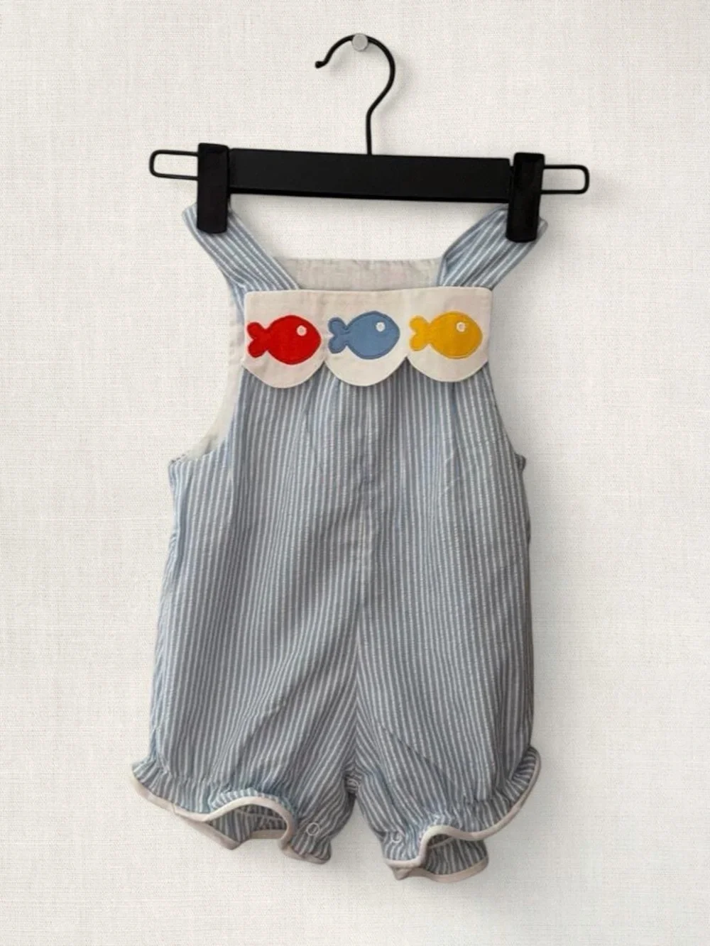 Blue Pinstripe Kids Bubble Romper with Fish Appliqué